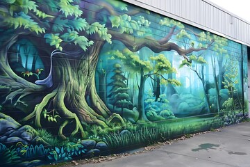 : A graffiti mural of a serene forest scene,