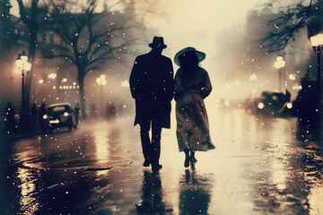 Couple walk in the middle of a city alley in a cold rainy night,  vintage analog photo style