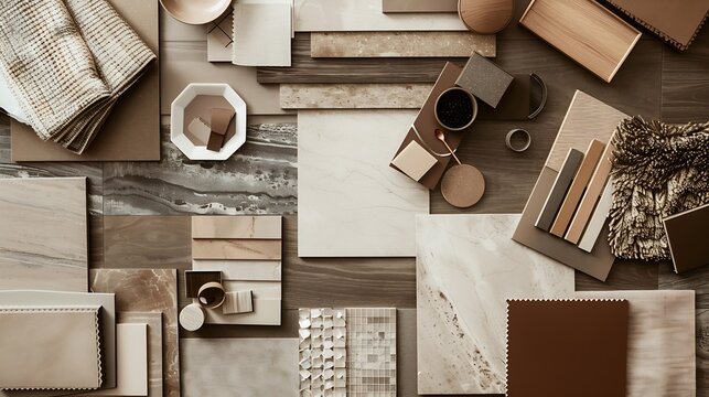 Modern flat lay composition in brown and beige color palette with textile and paint samples lamella panels and tiles Architect and interior designer moodboard Top view Copy space : Generative AI