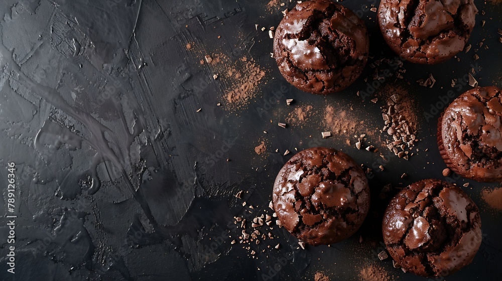 Poster chocolate brownies cacao muffins flat lay baking concept top view copy space on dark background : ge