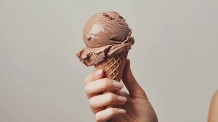 Fresh and appealing photo of a hand holding a freshly scooped chocolate ice cream, perfect for summer campaign, isolated background, studio light - obrazy, fototapety, plakaty