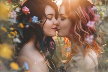 Romantic moment of a lesbian couple sharing a kiss in a blooming garden