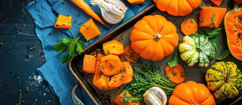 An overhead view of a variety of vegetables including orange pumpkin, butternut squash, and sweet potato, cooked by baking, roasting, or grilling,