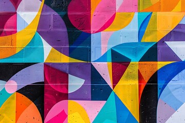 : A geometric graffiti mural of interlocking shapes,