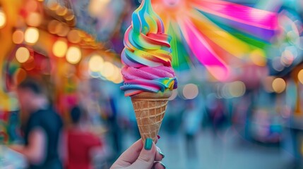 Lively image of swirl rainbow ice cream in hand, blurred fun fair rides in the background, vibrant colors, studio light