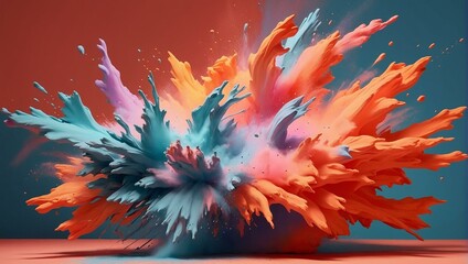 A high-speed capture of a vivid paint explosion, with dynamic colors splattering against a plain backdrop
