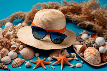 Straw hat, sunglasses and seashells on blue background. Concept of summer, vacation, beach, sea, template, copy space.