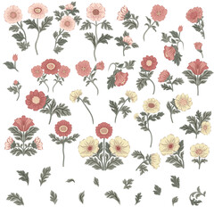 Vector clipart with flowers on isolated white background in William Morris style