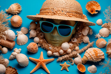 Straw hat, sunglasses and seashells on blue background. Concept of summer, vacation, beach, sea, template, copy space.