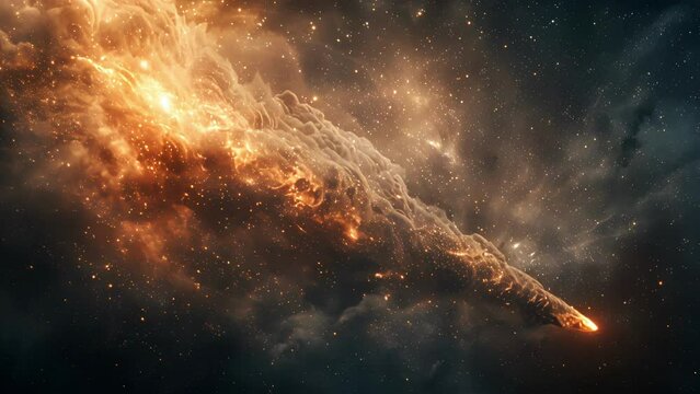 Detailed shot of a comets tail showcasing intricate patterns and textures of dust and gas particles. .