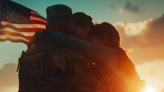 Heartwarming reunion of a soldier with family against a sunset and American flag