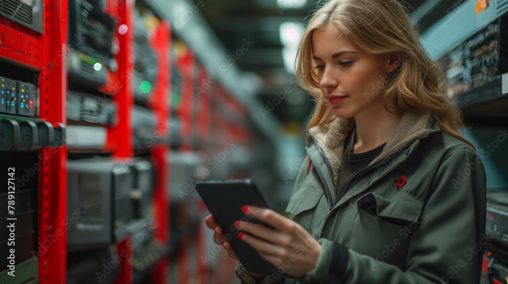 Poster A female expert in the field of programming in the data center develops and implements software to automate the processes of storing and protecting information in cloud storage.
