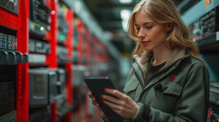 A female expert in the field of programming in the data center develops and implements software to automate the processes of storing and protecting information in cloud storage.