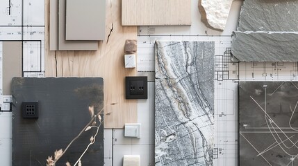 Flat lay design of creative interior design moodboard composition with samples materials like wood textile stone and black switch on blueprint background : Generative AI