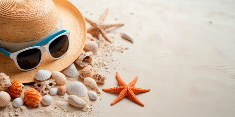 Straw hat, sunglasses and seashells on sand background. Concept of summer, vacation, beach, sea, template, copy space.