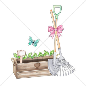 garden tools, butterfly, wooden planter, pink bow clip art preview