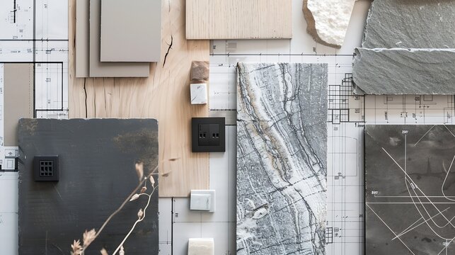 Flat lay design of creative interior design moodboard composition with samples materials like wood textile stone and black switch on blueprint background : Generative AI