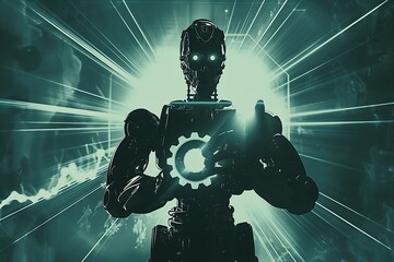 : A futuristic logo of a robot holding a gear, with light rays in the background