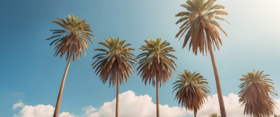 Palm trees on blue sky background, vintage style, banner.