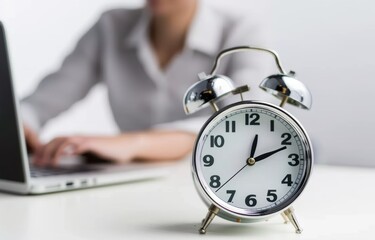 An alarm clock on a desk with a person typing in the blurred background, Office environment, time management, work routine, Alarm clock, desk, typing, business concept