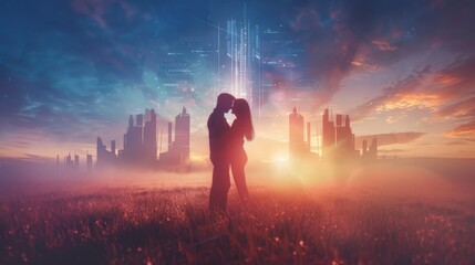 Silhouetted couple embracing in a field at sunset with futuristic cityscape - Powered by Adobe