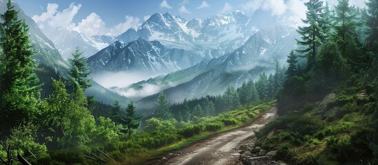 Road in the mountains with mountain range in the background. Nature landscape outdoor forest. - obrazy, fototapety, plakaty