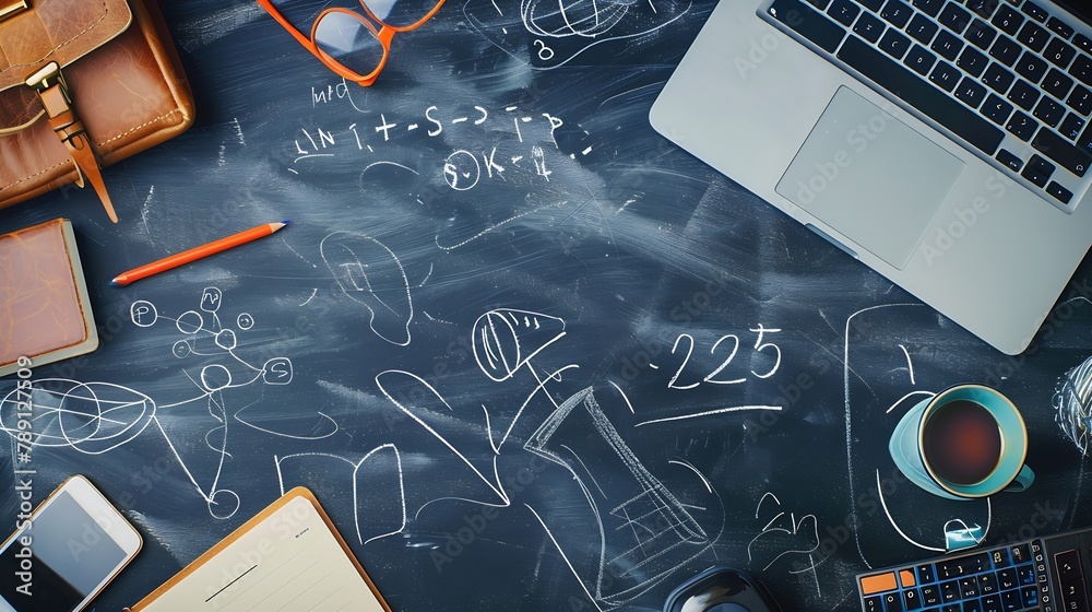 Poster flat lay of laptop on chalkboard table background : generative ai