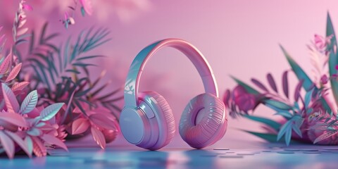 A pair of pink headphones is placed on a table with a pink background. The headphones are surrounded by flowers, giving the image a whimsical and playful vibe