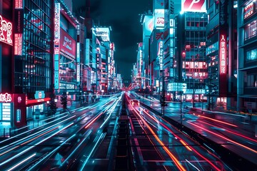 Fototapeta na wymiar : A futuristic cityscape with neon lights and holographic billboards