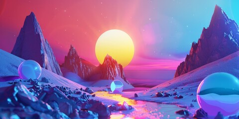 A colorful, surreal landscape with a large yellow sun in the sky. The scene is filled with mountains, a river, and a few large, colorful spheres. Scene is dreamy and whimsical