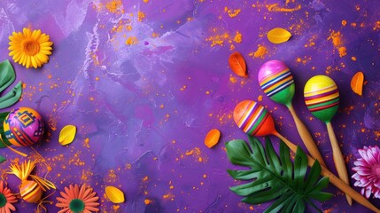 A vibrant purple background adorned with whimsical maracas and a festive Mexican garland leaving room for personalized text