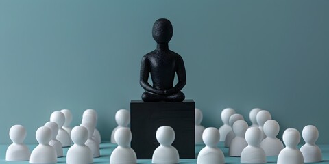 Metaphorical Depiction of Leadership with Black and White Figurines on a Square Podium