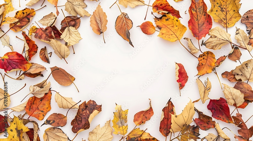 Poster autumn composition frame made of autumn dried leaves on white background flat lay top view copy spac