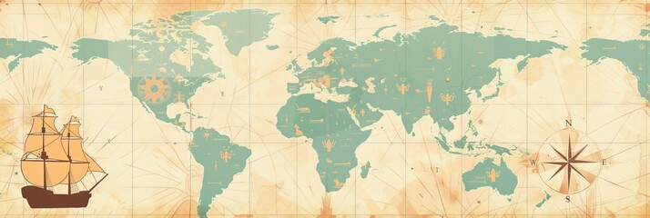 A map of the world with a ship on it. The ship is sailing towards the right side of the map