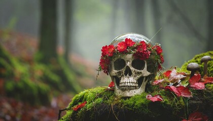 Skull on the grass with red flowers  - obrazy, fototapety, plakaty