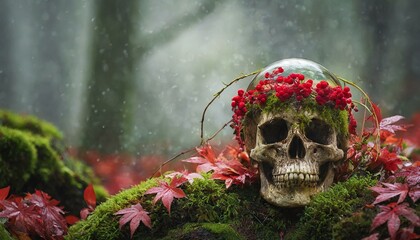 Skull on the grass with red flowers  - obrazy, fototapety, plakaty