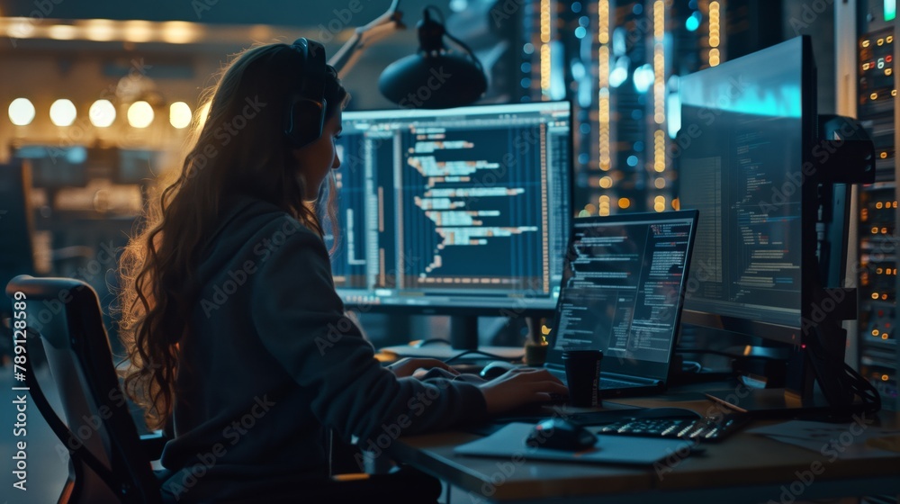 Aufkleber A female engineer focused on improving programming and data protection processes in the data center, developing new solutions and methods to improve network efficiency.