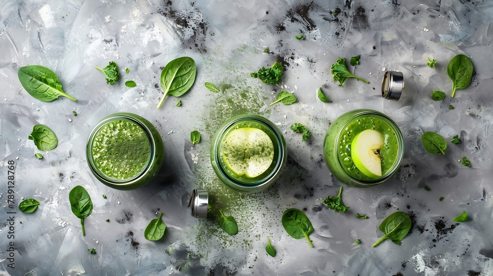 Poster variety of three color green spinach kale apple yogurt smoothie in mason jars with retro cocktail tu