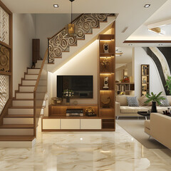 Indian style modern living room design with stairs and tv cabinet under stairs and sofa - obrazy, fototapety, plakaty