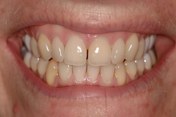 Close-up view of a smiling person's mouth showcasing yellowed teeth