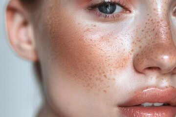 Naklejka premium Close-up of youthful female face with natural freckles and slight skin imperfections