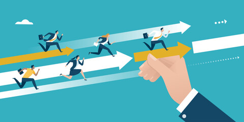 Support - help. The manager‘s hand fills the gap between arrows to reach the goal. Business vector illustration