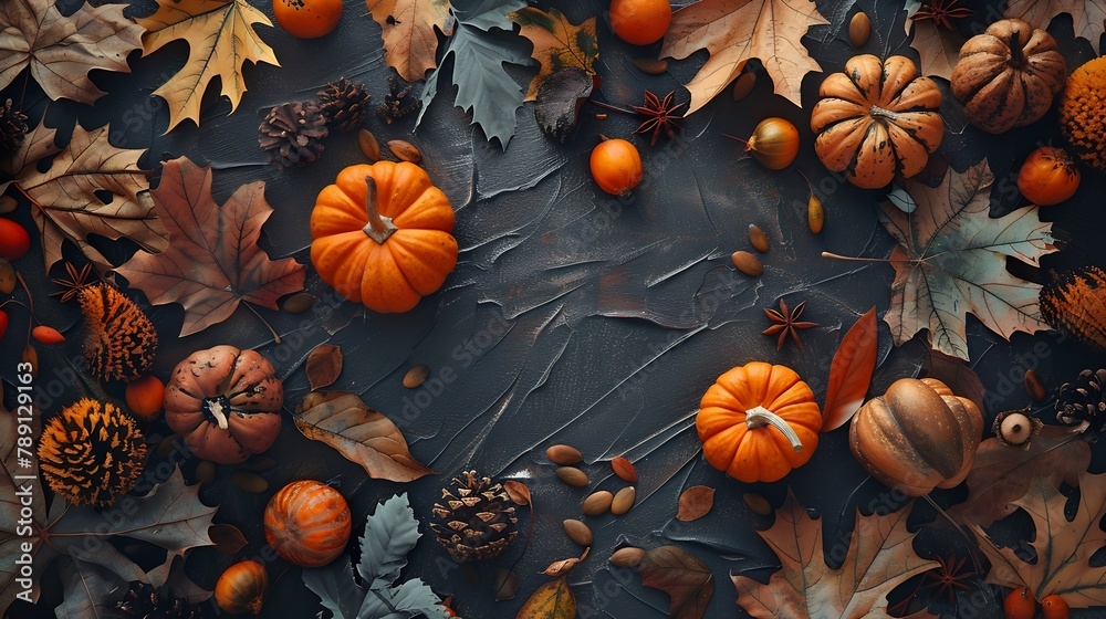 Poster thanksgiving and autumn decoration concept made from autumn leaves and pumpkin on dark background fl