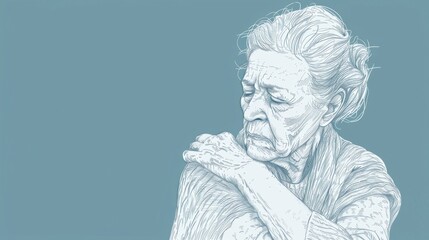 An elder touching their aching shoulder, clean blue backdrop, in a minimalist line art style.