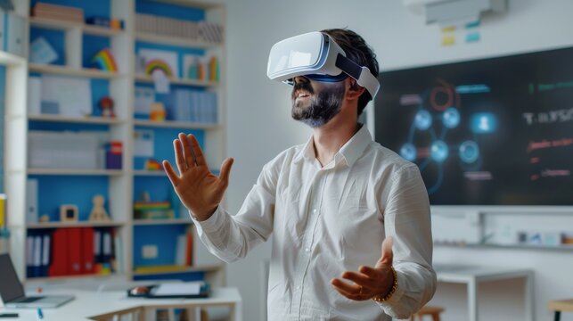 An educational technologist integrating AI in learning, in a bright, functional classroom, styled as educational minimalism.