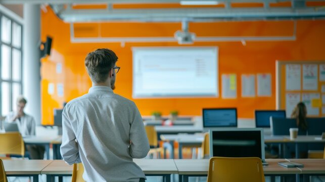 An educational technologist integrating AI in learning, in a bright, functional classroom, styled as educational minimalism.
