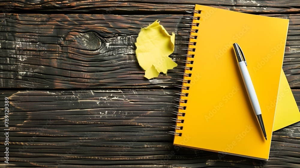 Leinwandbilder blank yellow notebook with pen are on top of wood office desk table torn paper or business card top 