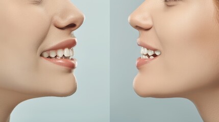 Before and after comparison of teeth correction, close-up of smiling women
