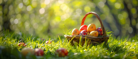 Easter Painted Eggs In Basket On Grass In Sunny Orchid
