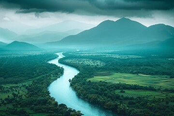 Fototapeta na wymiar Aerial view of lush green agricultural fields along river, digital illustration with matte painting